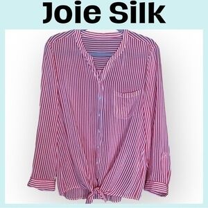 Joie Beautiful Dark Coral White Striped Silk Tie Front Blouse